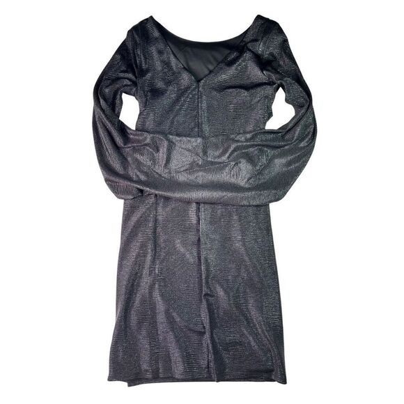 R&M Richards Women's Sz 8 Drape Back Metallic Knit Split Sleeve Short Dress Blck - Picture 13 of 16